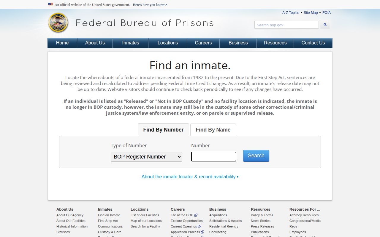 Bureau of Prisons locator source for federal custody records